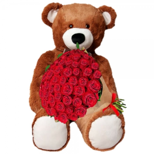 Urso Grande e Buque de 100 Rosas